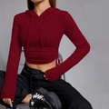 Slim fit burgundy cropped hoodie in ribbed knit fabric with waist drawstring details - S / Burgundy