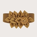Brown elastic wide cinch belt featuring three large fabric flowers and gold pearl accents - 62cm / Brown