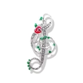 Silver treble clef brooch with white rhinestones, red rose and green leaves - Silver Treble Clef Red Rose Style (SHYP0005 Silver)