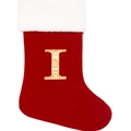 Calza di Natale rossa con bordo in peluche bianco e ricamo lettera I dorata glitter - Lettera I / Grigio
