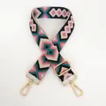 Detail view of colorful geometric diamond pattern woven strap with gold metal hooks - Pattern No. 26
