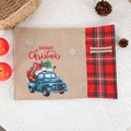 Mantel individual navideño de arpillera con cuadros rojos y negros y camión azul - Estilo 2 (Camión azul vintage con gnomo)