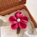 Elegant rose red satin flower hair claw clip with a large pearl center on a brown clip - Rose Red [Midsummer Flower]