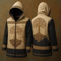 Detail of hooded jacket featuring Tree of Life embroidery and two-tone vintage patchwork - Xjk01025072314