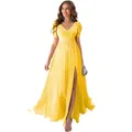 Elegant bright yellow chiffon bridesmaid dress with V-neckline and high leg slit - S (US 2) / Bottoms / Yellow