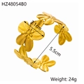 Detail view of gold floral open bangle with dimensions 3.1cm flower and 5.5cm inner diameter - Flower Style (HZ48054B0)