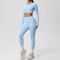 Light blue yoga set featuring long sleeve crop top and high waisted leggings for fitness - S / Top And Bottom / Sky Blue