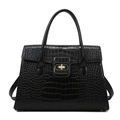 Classic black crocodile pattern handbag with golden metal lock and structured handles - Black