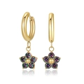 Titanium steel flower hoop earrings with mystical aurora zircon petals in golden finish - Gold + Multicolor Zirconia