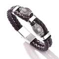 Bracelet en cuir tressé marron avec perles viking argentées et fermoir magnétique - 19cm / Marron