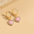 Gold earrings with pink heart charms featuring an evil eye motif and zircon border - Pink Evil Eye Style (ES2618-6)