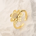 Elegante anillo de flor dorada con circonitas brillantes y banda abierta ajustable - Abierto Ajustable / Estilo de Flor Única Dorada (13301)