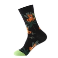 Black mid-calf cotton socks with orange monkey patterns and vibrant green toes - 907 Monkey