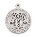 Pendaglio Mano di Fatima in acciaio inossidabile con zirconi e cornice tonda - Stile Acciaio 2 (KLJ6025-Z)