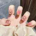 Rosa Ombré-Kunstnägel mit grünen French Tips und Tulpen-Design für Maniküre - Tulpen-Blush-Verlauf-Stil (Y-85) / Kleber-Typ