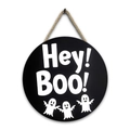 Detail of round black Halloween wood sign with Hey Boo text and cute ghosts - Style F-Hey Boo Ghosts