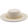 Flat top beige wool boater hat with a bold gold chain band and wide brim for women - M (56-58cm) / Beige