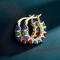U-shaped gold hoop earrings with multi-color zircon stones and French lace detail - Gold + Multicolor
