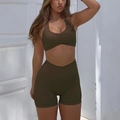 Women's 2-piece yoga set with halter sports bra and high waist shorts in olive green - S / Brown