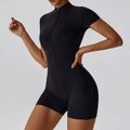 Combinaison de yoga noire à manches courtes avec col zippé pour fitness et sport - S / Noir Premium