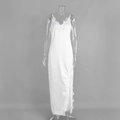 Detail of white satin dress featuring intricate eyelash lace trim and a high side slit - S / Pure White