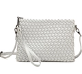 Detailed close-up of premium white woven leather texture and dark gunmetal hardware - Silver Gray