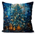 Funda de cojín con árbol de Navidad de vidriera azul y linternas sobre fondo blanco - Árbol de Navidad Vidriera