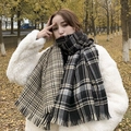 Classic black and beige plaid mohair scarf with tassels worn by model in autumn - Double-Sided Black Beige
