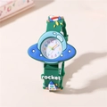 Orologio spaziale per bambini con cinturino in silicone razzo 3D e quadrante blu a UFO - Verde