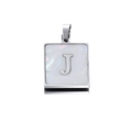 Square silver stainless steel pendant with white mother of pearl and letter J inlay - Steel J