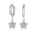 Silver flower huggie earrings with five-petal sparkling zircon stones on white background - Steel Color + White Zirconia
