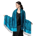 Detail of luxury teal pashmina shawl with black paisley pattern and elegant fringes - Teal Paisley (T003-05)