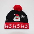 LED Christmas knit hat in red and black with HO HO HO text and ON/OFF power switch - Hat Style 70 (Black Red Santa)