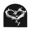 Detailopname van zwarte gebreide muts met grijs abstract hart-jacquardpatroon textuur - M(56-58cm) / Zwart