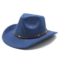 Blue suede western cowboy hat with wide brim, brown leather band and silver star studs - M (56-58cm) / Navy Blue Suede