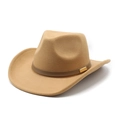 Detail view of khaki wool western cowboy hat with decorative leather belt and gold buckle - M(56-58cm) / Camel