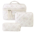 Three-piece quilted cotton floral makeup bag set with top handle and tassel in white - Pink Rose