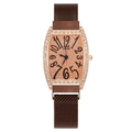 Women's rose gold tonneau watch with rhinestone bezel and orange glitter dial on mesh strap - Coffee