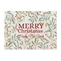 Close-up of linen placemat featuring Merry Christmas print and festive plant berries - Pattern CD090-16
