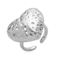 Close-up of silver heart ring featuring unique hammered texture and adjustable open band - Silver Texture Hammered Heart Ring