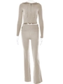 Women's chic beige knitted two-piece set featuring hooded crop top and flared high-waist pants - S / Apricot