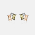 Detail of S925 sterling silver studs with square champagne and olive green stones - 925 Silver / Silver (Olive Rhinestone)