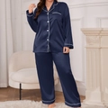Navy blue satin silk pajama set for women with long sleeves and white piping trim - 3XL / Navy Blue