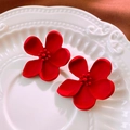 Elegant red matte flower stud earrings displayed on a white textured plate with silk - 53# Red Matte Frosted Flower (925 Sterling Silver Earring Post)