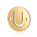 Close-up of golden stainless steel double-hole round pendant with hollow letter U - Letter U
