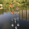 Handmade moon dreamcatcher wind chime with pink crystal and decorative butterflies - Purple Crystal