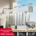 White 120cm wall-mounted folding drying rack with 18 windproof holes for balcony storage - White (3-Fold/18 Holes)