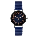 Blue quartz watch with black case and rose gold numerals on a white background - Blue