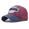 Close-up of heavy washed cotton baseball cap with vintage rodeo bull head embroidery - New Bull Head Patchwork Wine Red