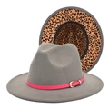 Detail of grey fedora hat with pink leather band and leopard print inner lining - M (56-58cm) / Light Gray